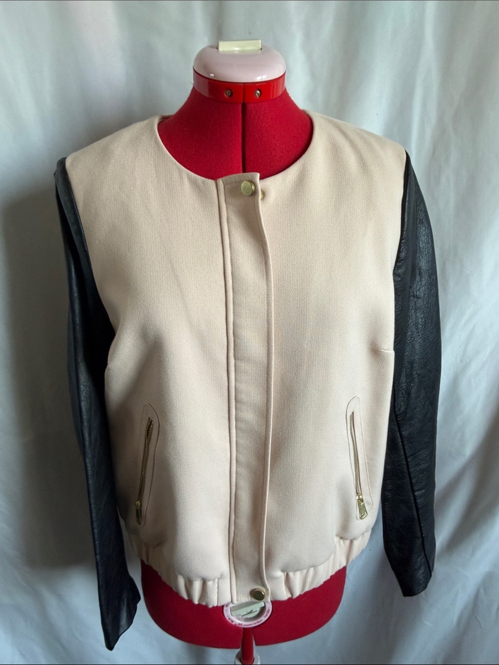 H&M Cream Body with Black Leather-Effect Sleeve Bomber Jacket